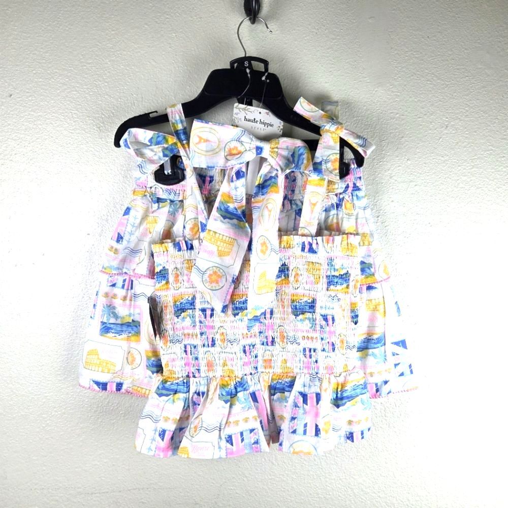 Haute Hippie Women's Vacation 3 Piece Colorful Smocked Top Bottom Set Size Small